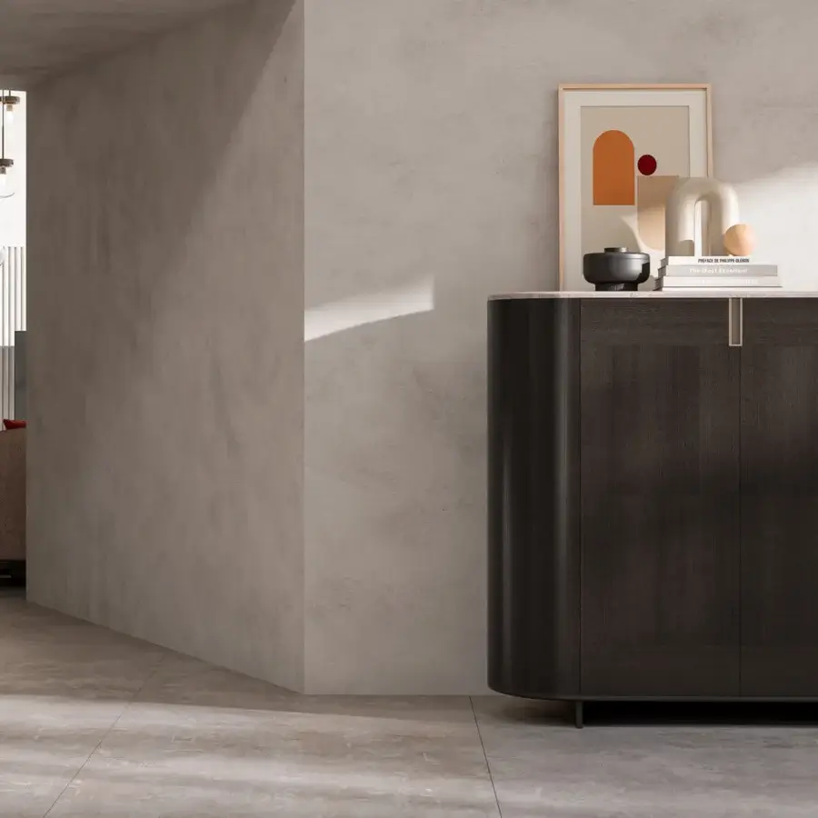 Elegant CPRN Homood Irving sideboard with dark wooden veneer, light stone top and sleek metal hardware