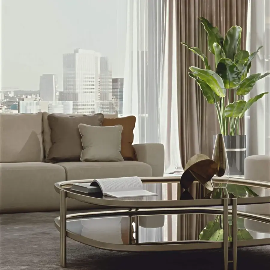 Exceptional Bizzotto Italia Ikat coffee table with lacquered metal legs and structure in muted gold or bronze finish