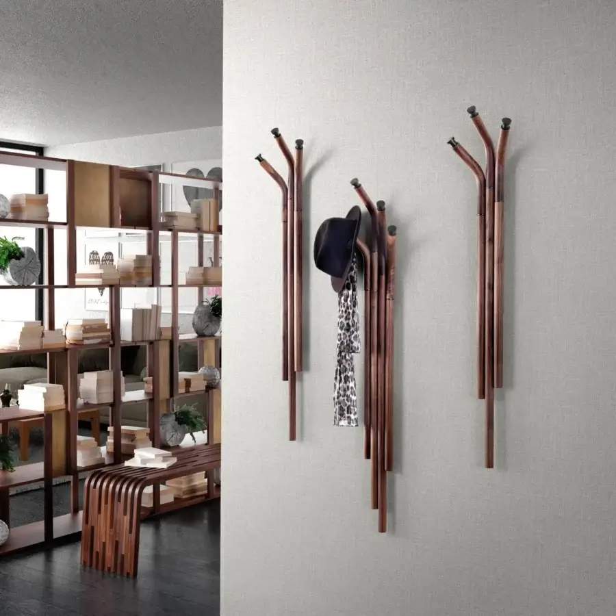 Exceptional Pacini & Cappellini Mikado coat stand with bundled wooden poles and titanium-color metal details in a smooth medium-brown finish