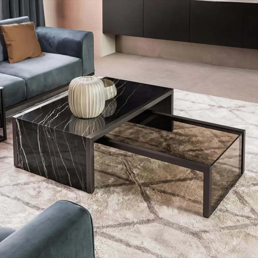 Exceptional Bizzotto Italia Ikat coffee table with dark marble-patterned top and lacquered matte metal structure