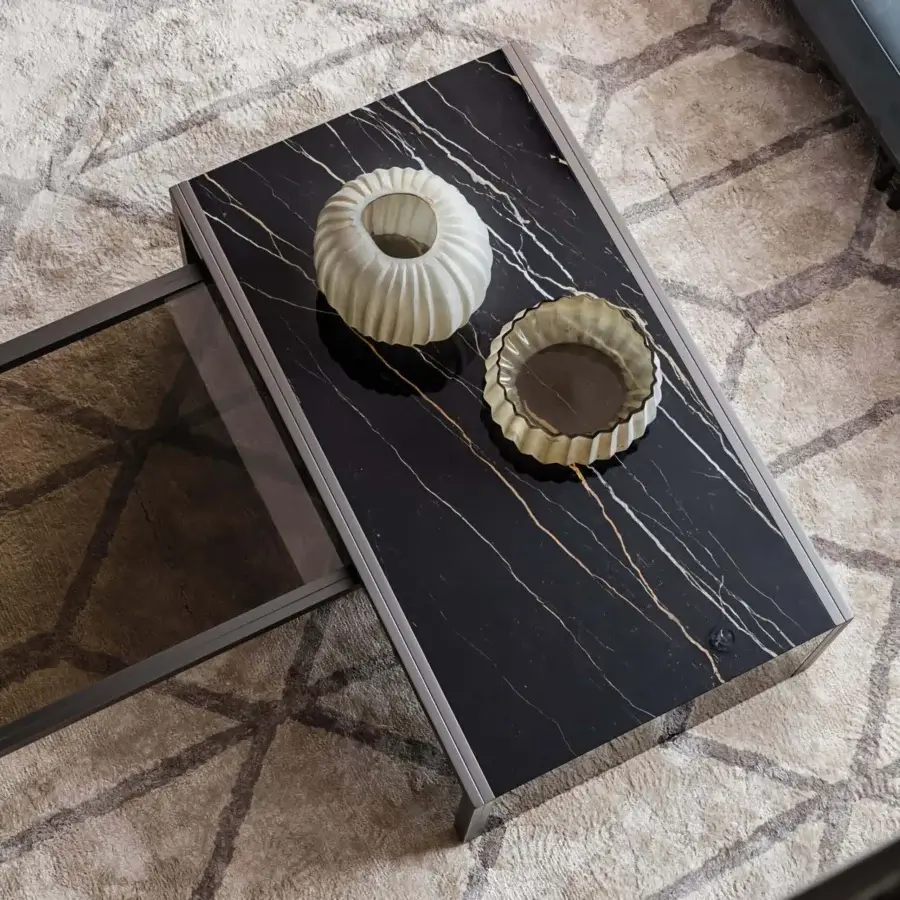 Elegant Bizzotto Italia Ikat coffee table with marble top and cool gray lacquered metal frame built with translucent brown glass