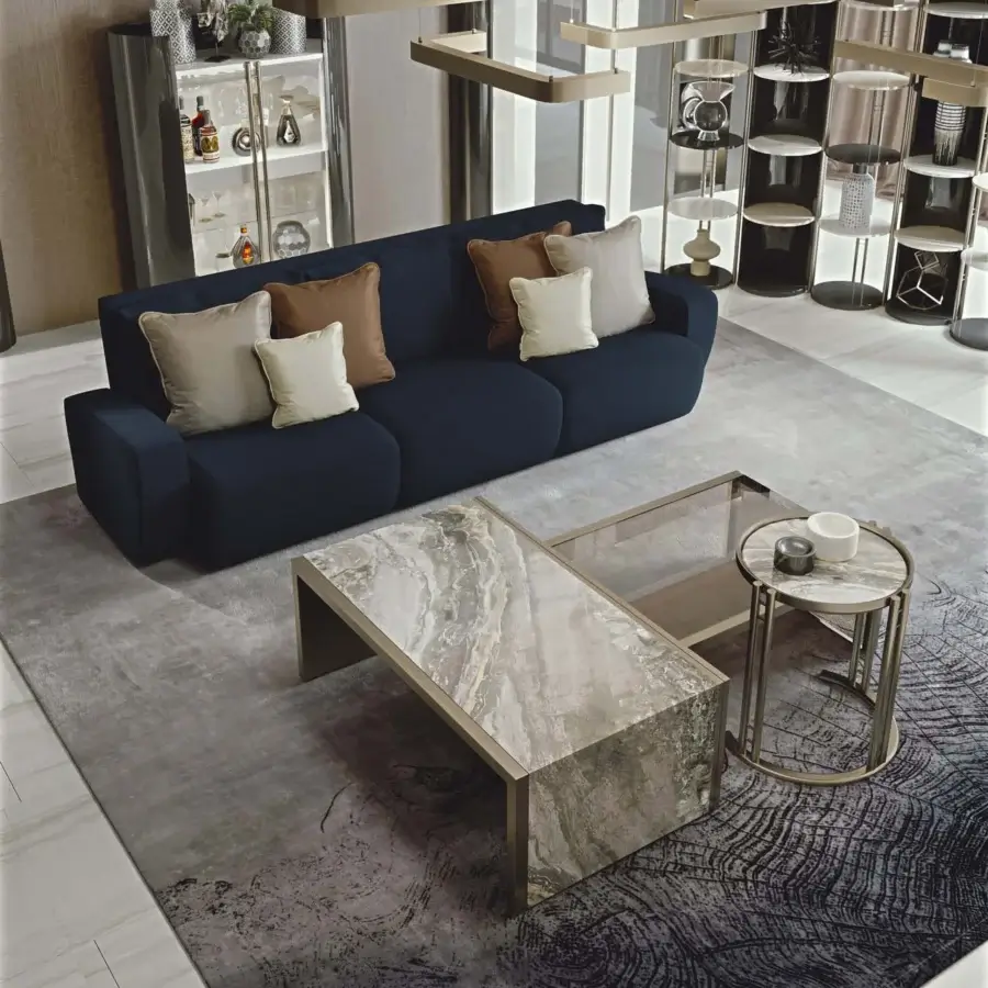 Distinguished Bizzotto Italia Ikat coffee table crafted with a marble top in light grays, creams and lacquered metal structure