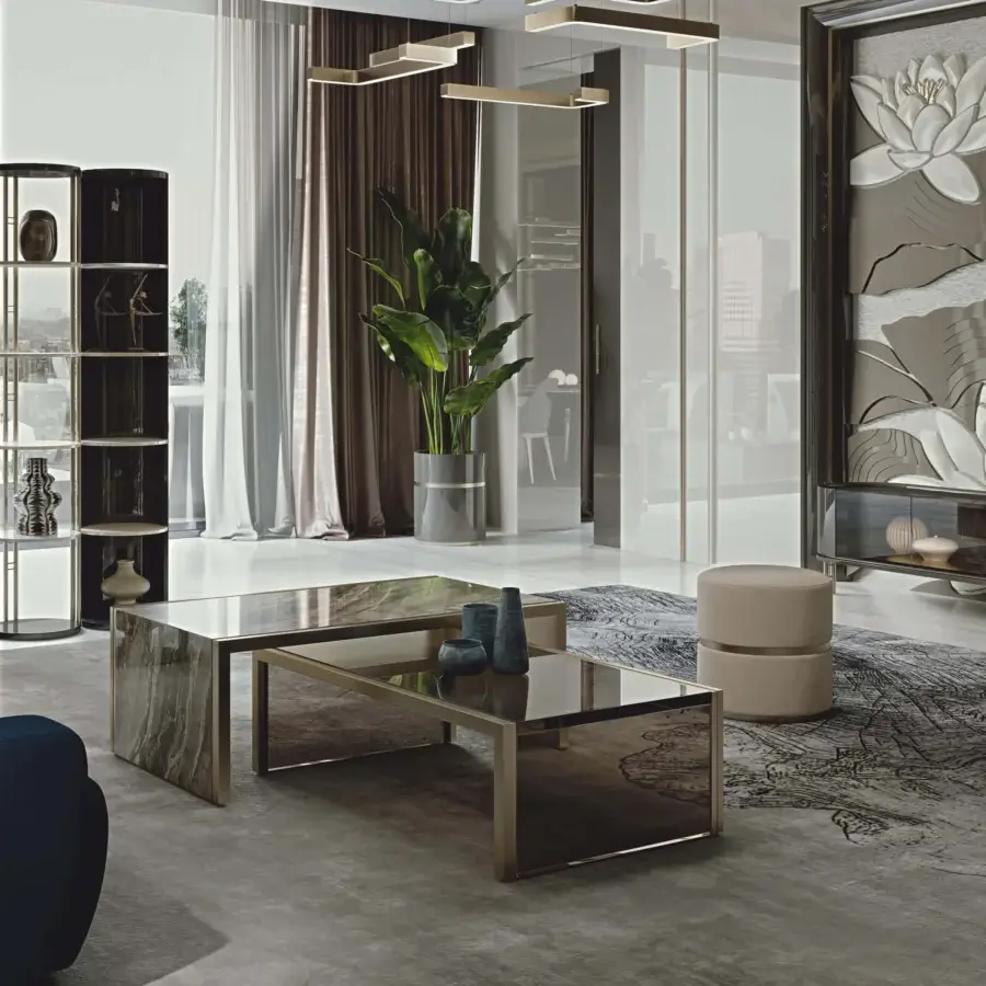 Superior Bizzotto Italia Ikat coffee table with a refined marble top and lacquered neutral brown metal structure