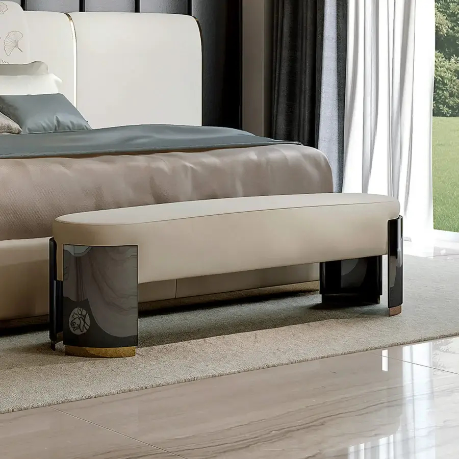 Distinguished Bizzotto Italia Ikat bench upholstered in light beige textile with lacquered wood and dark gold-accented metal panels