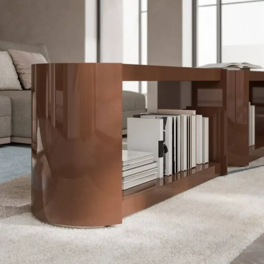 Sophisticated CPRN Homood Jerome bookcase crafted in wood with a lacquered warm medium brown finish and sleek metal detailing