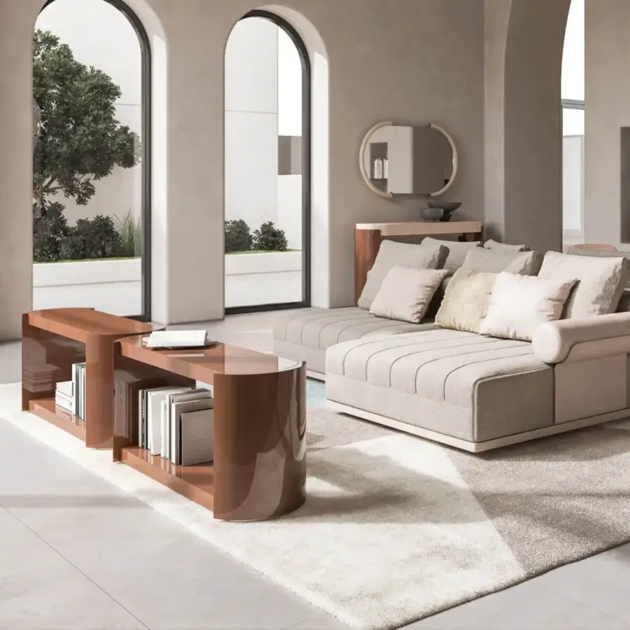 Superior CPRN Homood Jerome bookcase crafted in Italy with a curved form and glossy warm brown lacquered wood