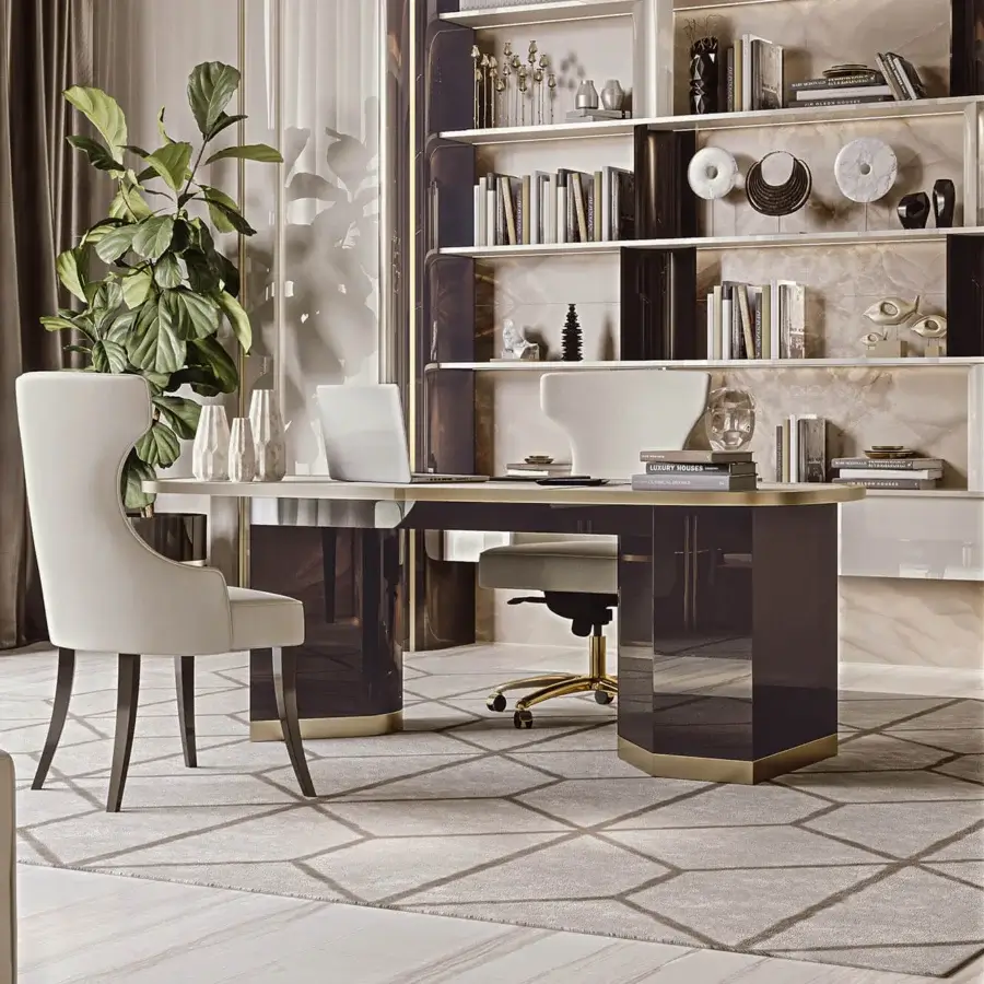 Exceptional Bizzotto Italia Ikat desk with compartments and gold-toned details in warm brown Flamme finish