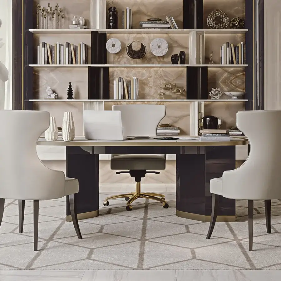 Elegant Bizzotto Italia Ikat desk crafted in Italy with glossy dark wood and contrasting metal accents in Flamme finish