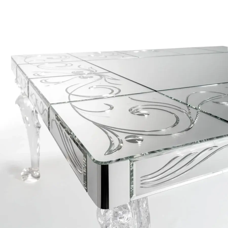 Exceptional Reflex San Marco table with extra-clear mirror glass tiles and transparent Murano glass legs built with LED lighting