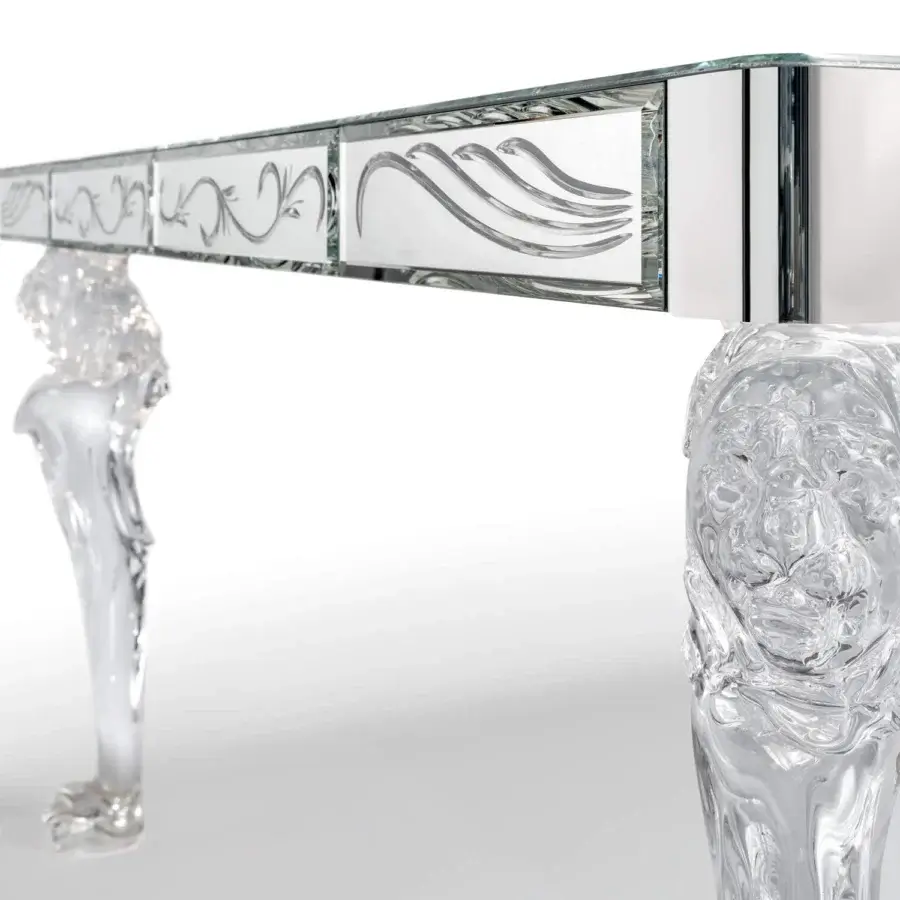 Lavish Reflex San Marco table crafted with extra-clear mirror glass tiles and transparent Murano glass legs with LED lighting