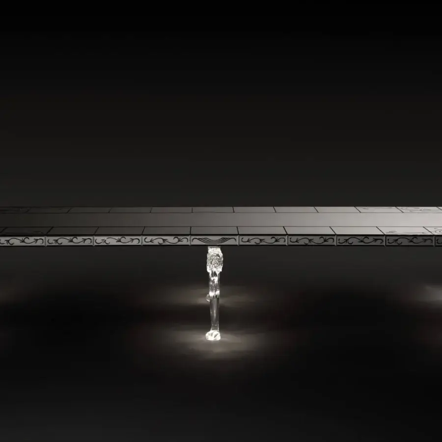 Exceptional Reflex San Marco table with extra-clear mirror glass tiles and solid transparent Murano glass legs built with integrated lighting