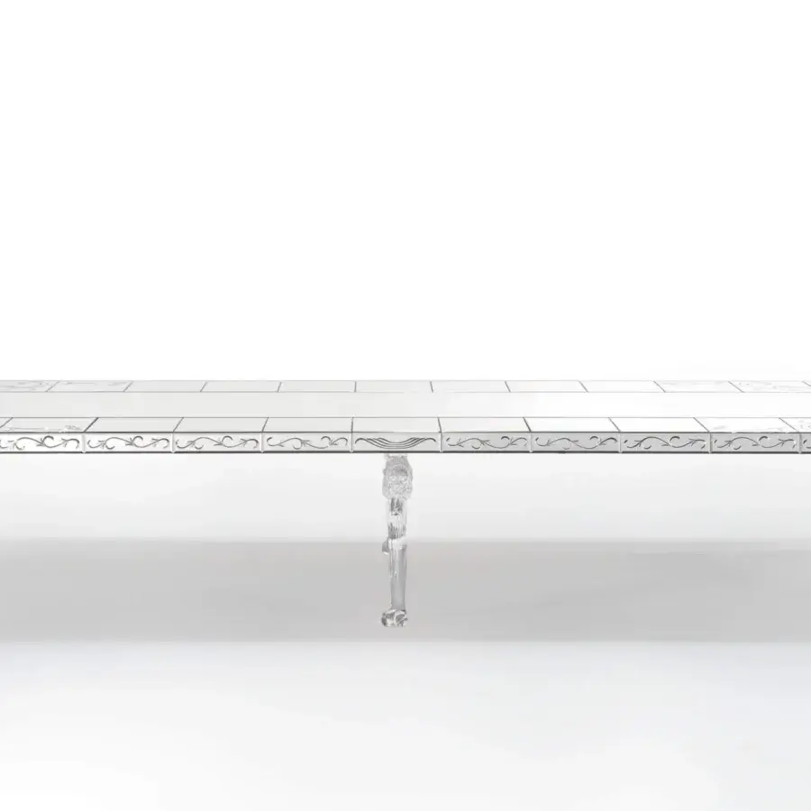Superior Reflex San Marco table with extra-clear mirror glass tiles and sculpted transparent Murano glass legs with LED lighting