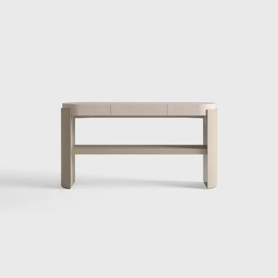 Elegant CPRN Homood Arthur console with light beige leather top and lacquered wooden base crafted in Italy