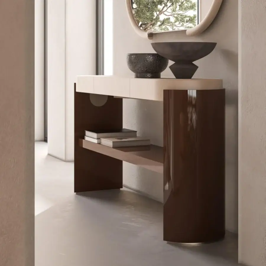 Distinguished CPRN Homood Arthur console with light beige luxury leather and lacquered rich brown wood support with metal detailing
