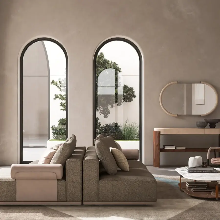 Captivating CPRN Homood Arthur console with a light beige lacquered wood base and luxury leather tabletop with metal accents