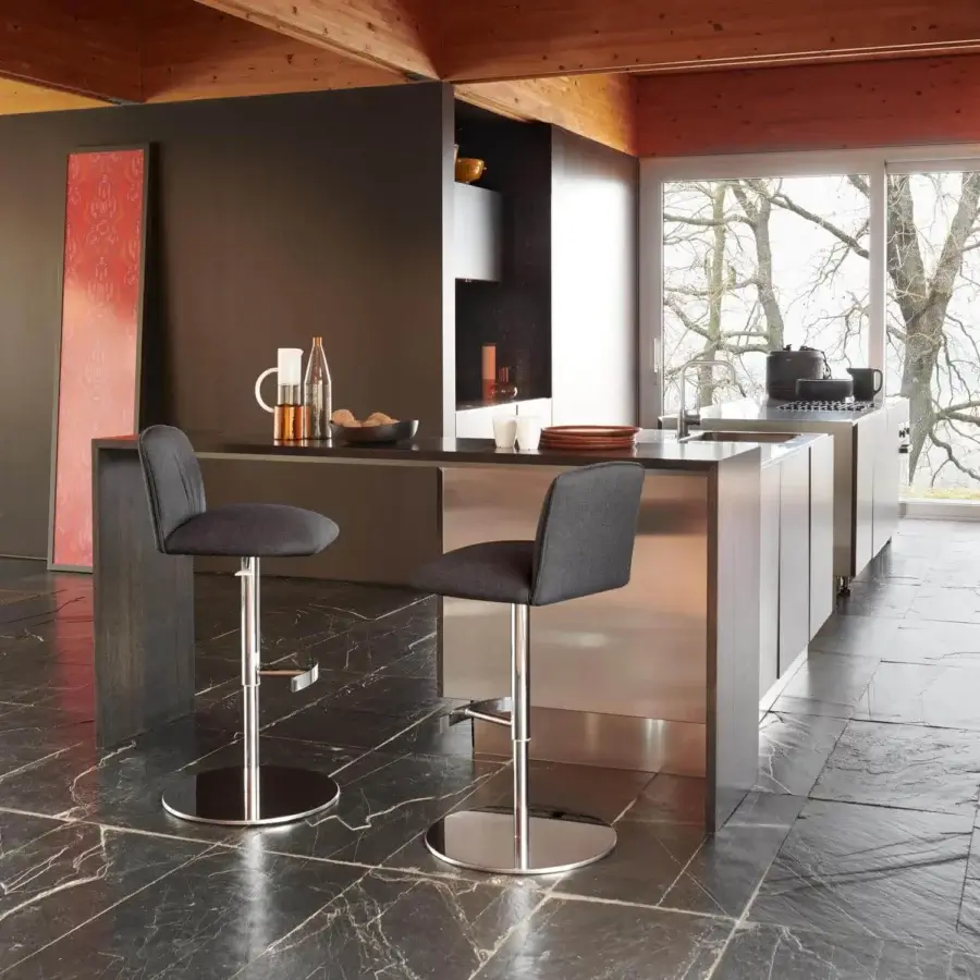 Exceptional Potocco Blossom stool with dark gray textile upholstery and chrome finished metal leg and base