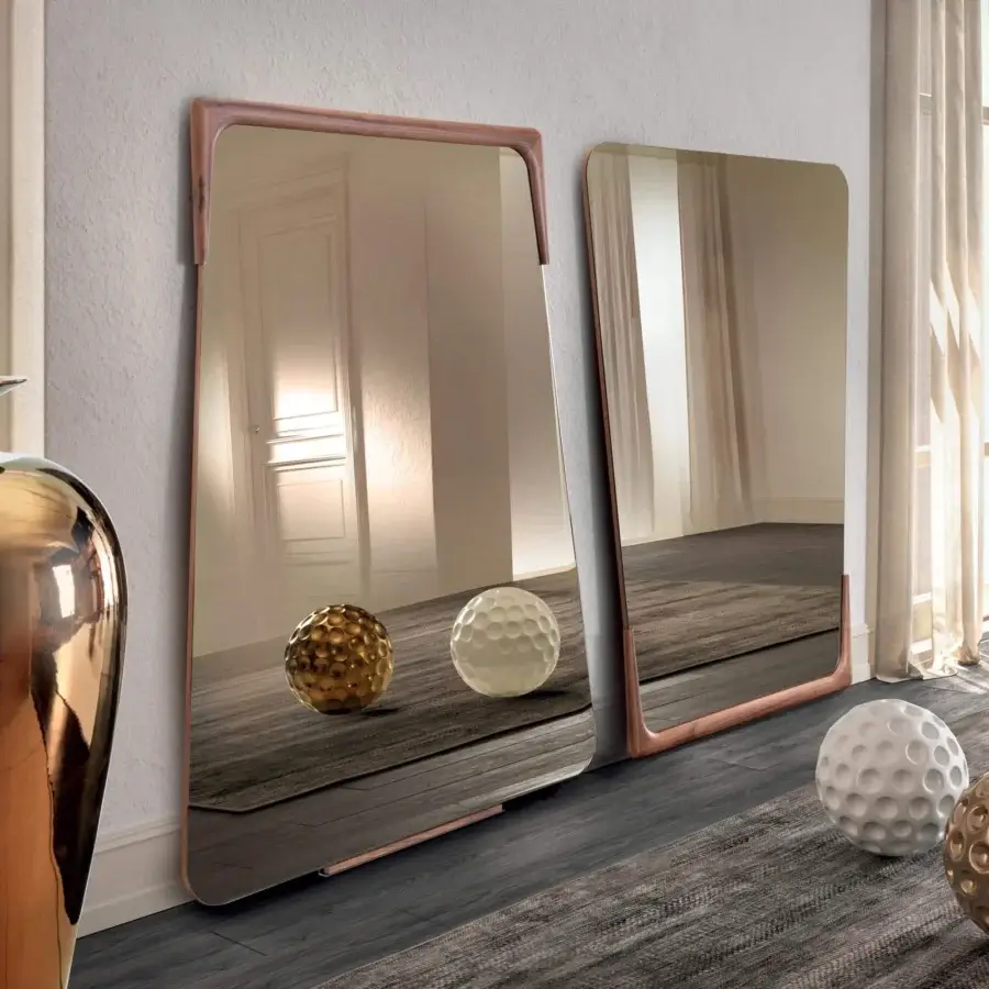 Distinguished Pacini & Cappellini Destiny mirror crafted in Italy with light brown solid wood and transparent surface