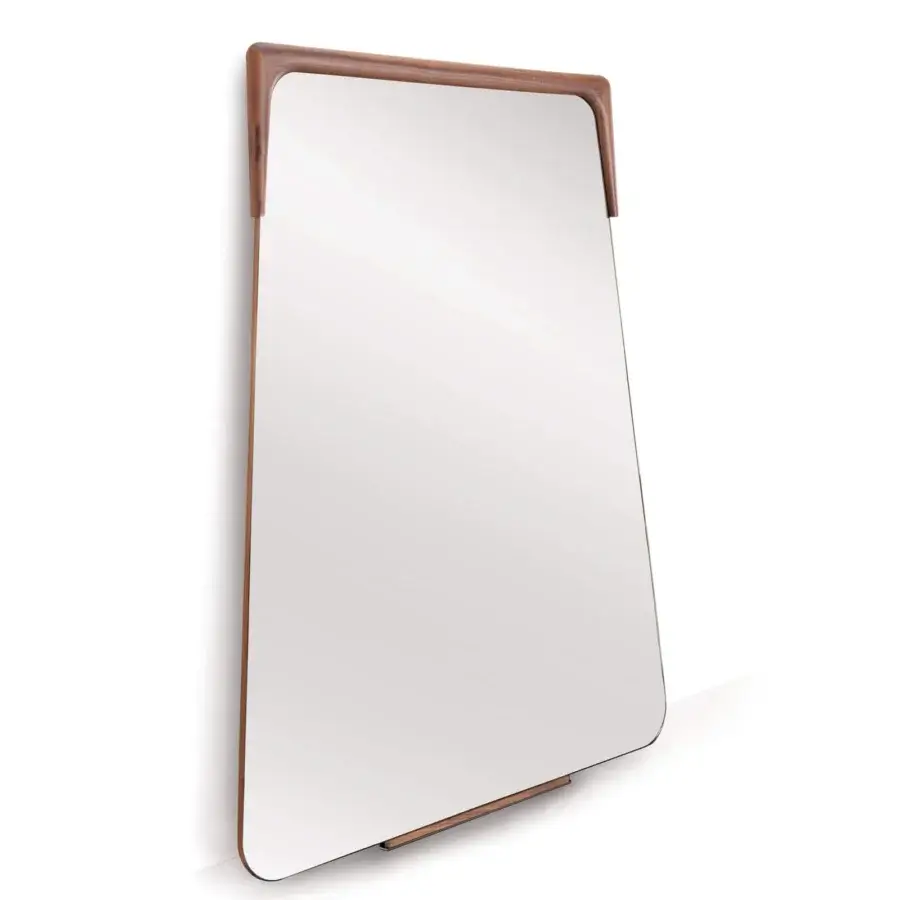 Sophisticated Pacini & Cappellini Destiny mirror with a trapezoidal form and smooth medium-brown solid wood frame
