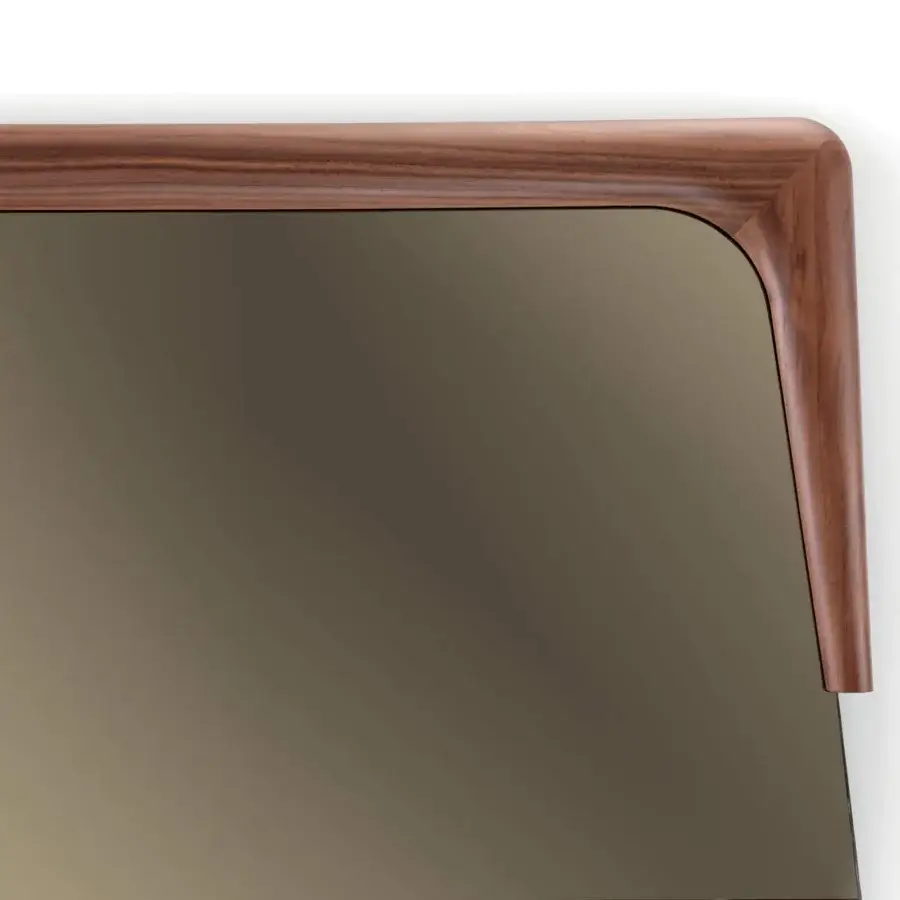 Luxury Pacini & Cappellini Destiny mirror with a trapezoidal shape and warm brown wooden frame with bronzed reflection