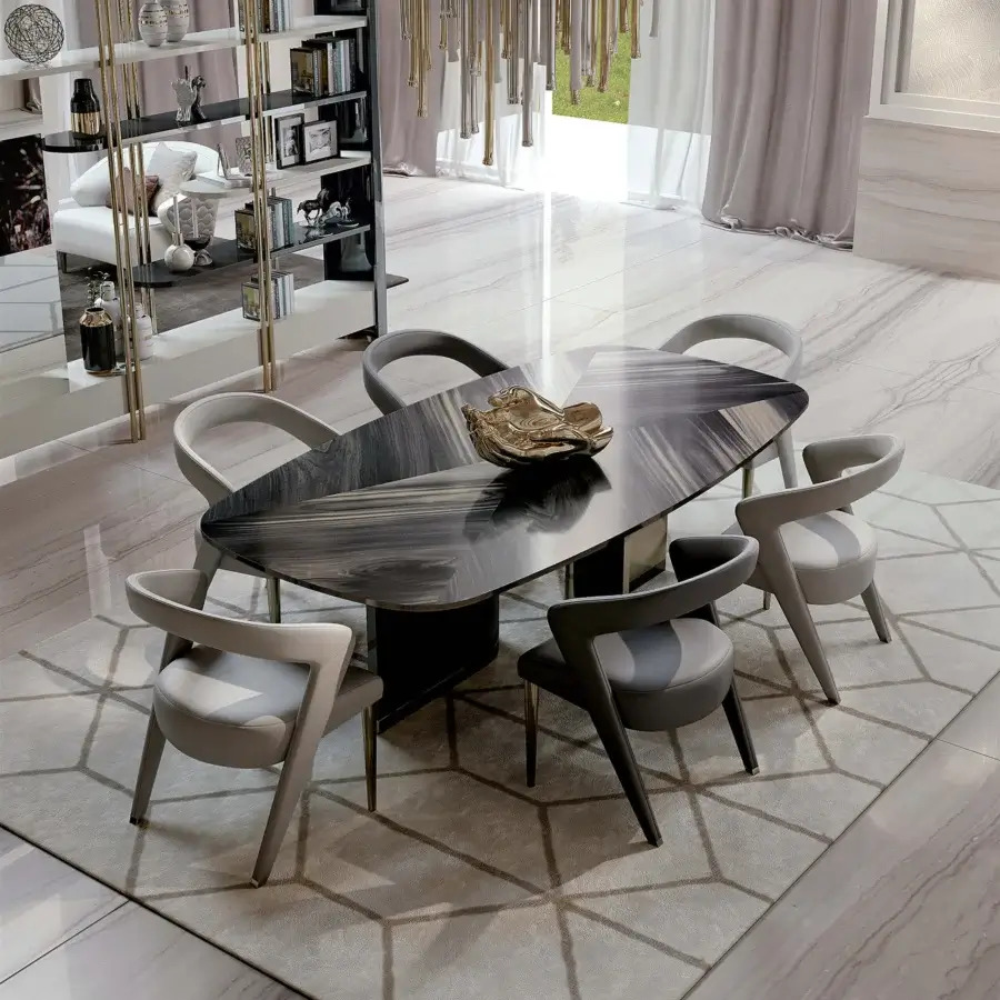 Distinguished Bizzotto Italia Ikat dining table with dark swirling wood grain and a monumental double-S base crafted in Italy