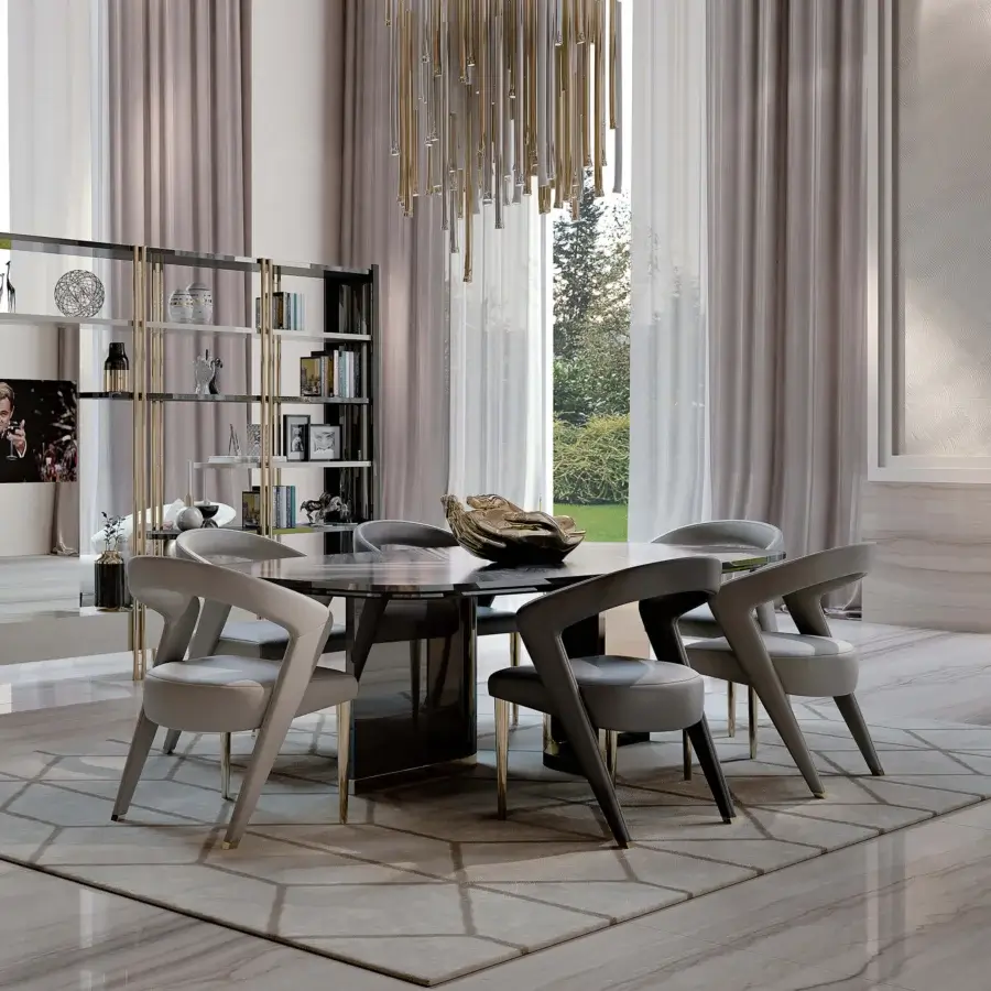 Captivating Bizzotto Italia Ikat dining table with a dark wood tabletop exhibiting interwoven textures and a glossy finish