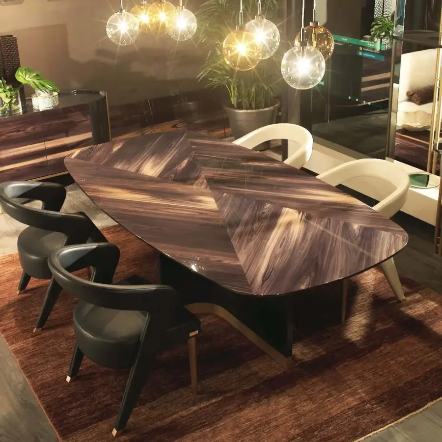 Superior Bizzotto Italia Ikat dining table with textured veneered tabletop exhibiting warm browns and a dark finished double-S base