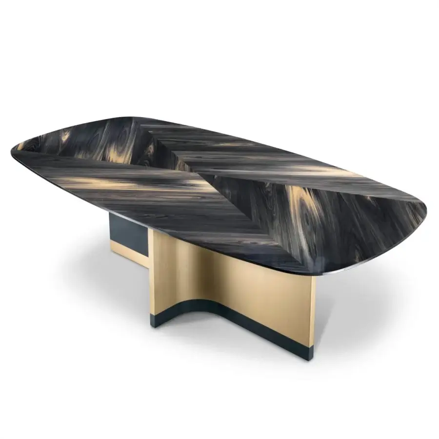 Exceptional Bizzotto Italia Ikat dining table with uniquely textured surface and polished gold-colored metal double-S base