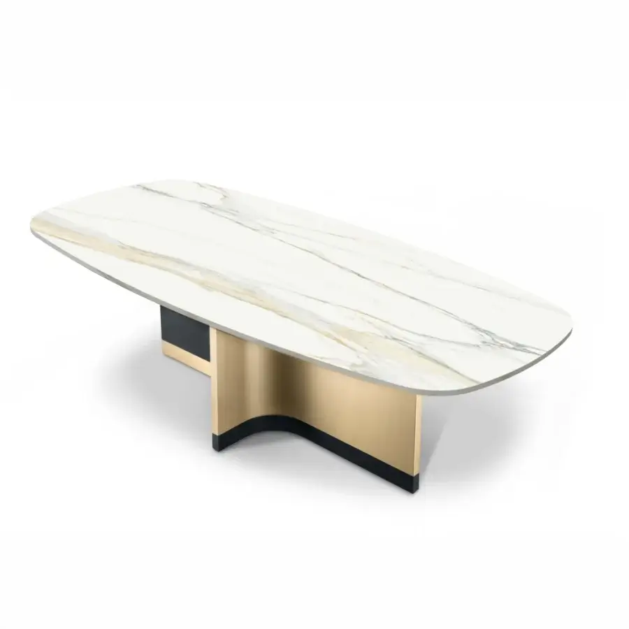 Lavish Bizzotto Italia Ikat dining table with interlacing white, grey and gold shapes on a marble-resembling surface and golden-finished metal base
