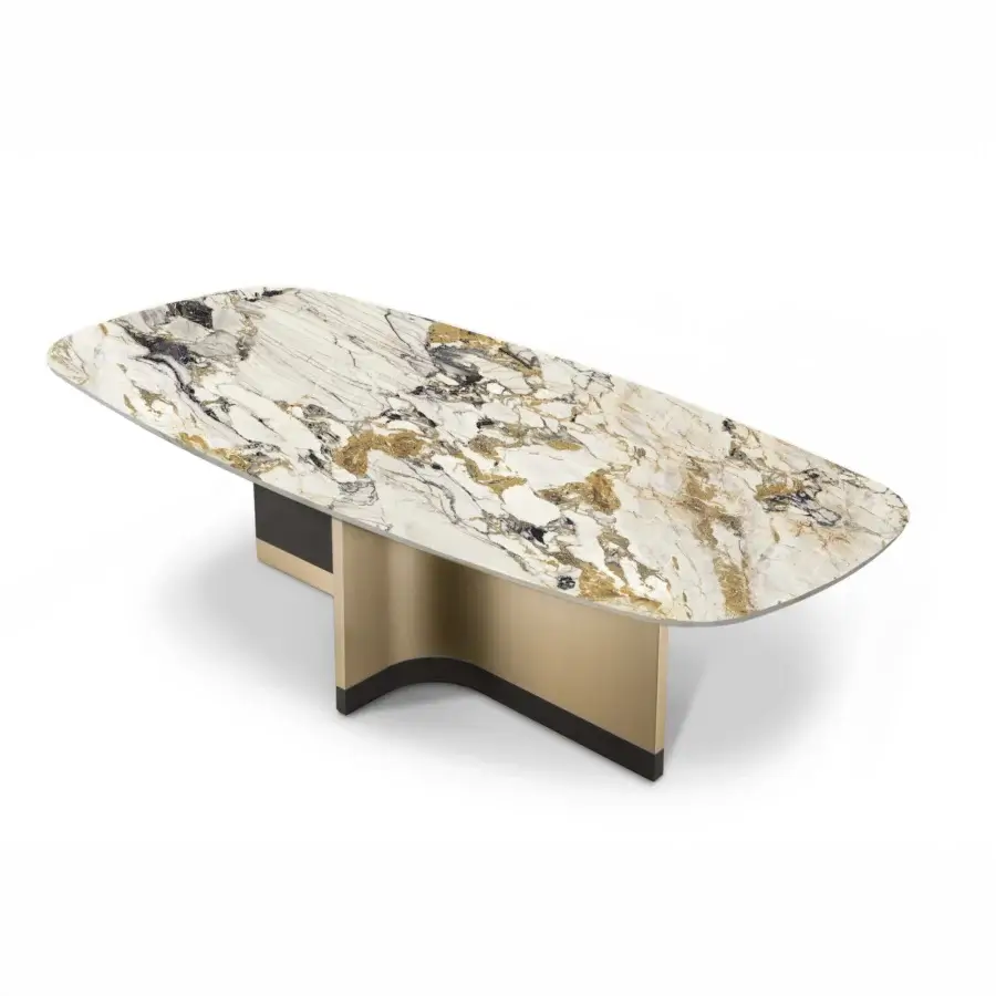 Superior Bizzotto Italia Ikat dining table with swirling white, black and gold marble-patterned surface and gold-toned metal base