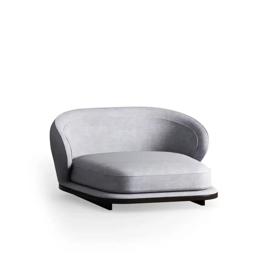 Distinguished CPRN Homood Pierre chaise with curved silhouette upholstered in light gray premium textile and dark wood base