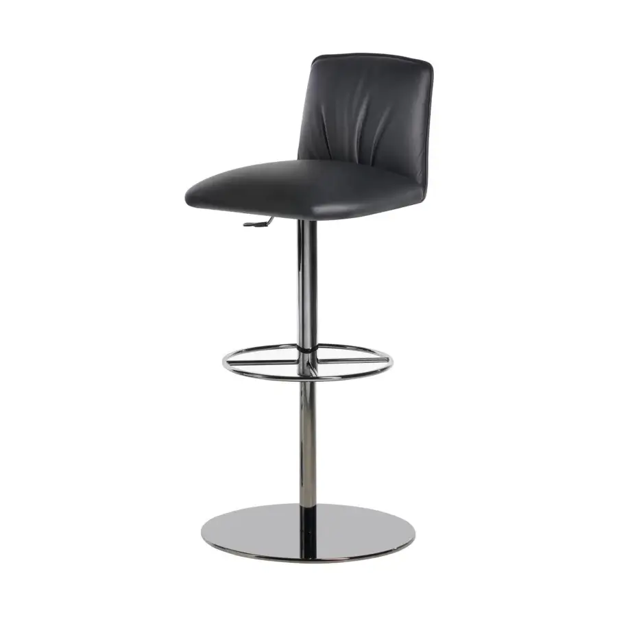 Distinguished Potocco Blossom stool in black leather with swivel metal leg, smooth finish and integrated footrest