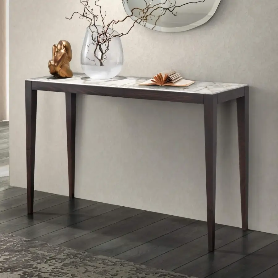Elegant Pacini & Cappellini Dominique console with solid ash wood frame and white ceramic Laminam® finish