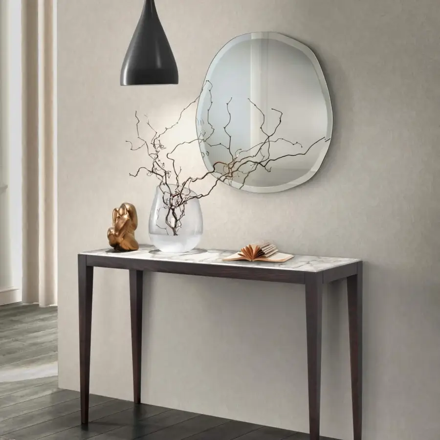 Refined Pacini & Cappellini Dominique console with ceramic marble effect top and dark finished solid ash wood legs