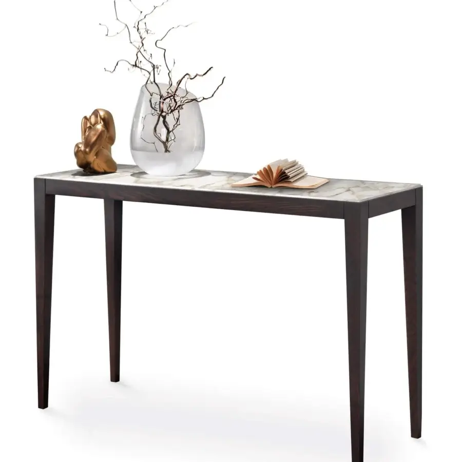 Refined Pacini & Cappellini Dominique console in Laminam® with ceramic marble effect and dark-toned solid ash wood legs