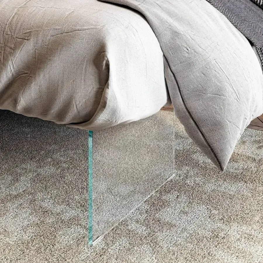 Elegant Lago Air bed with light gray textile bedding and extra-clear tempered glass supports exhibiting a matte finish