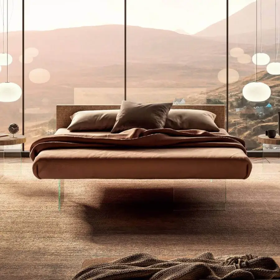 Elegant Lago Air bed with brown textile upholstery, extra-clear tempered glass supports and matte finish