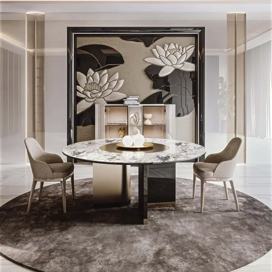 Superior Bizzotto Italia Ikat dining table with marble-mimicking surface and dark wood with satin gold finishes