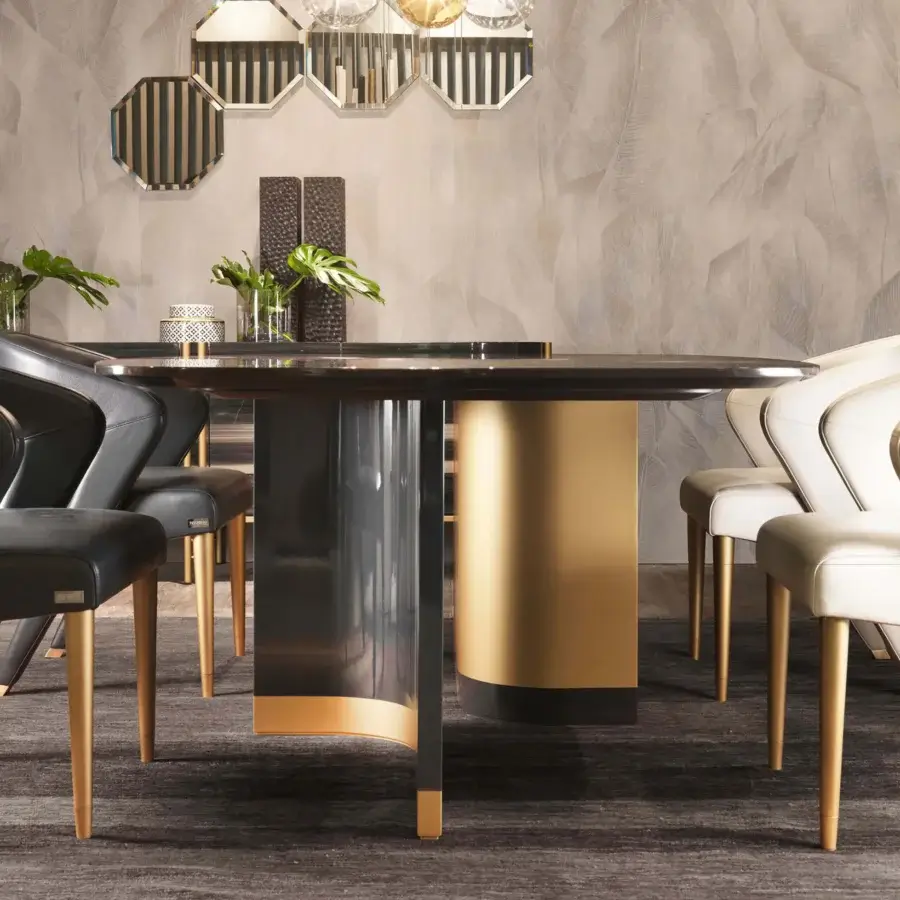 Elegant Bizzotto Italia Ikat dining table with dark gray interlaced shapes and gold-toned metal accents in glossy finish