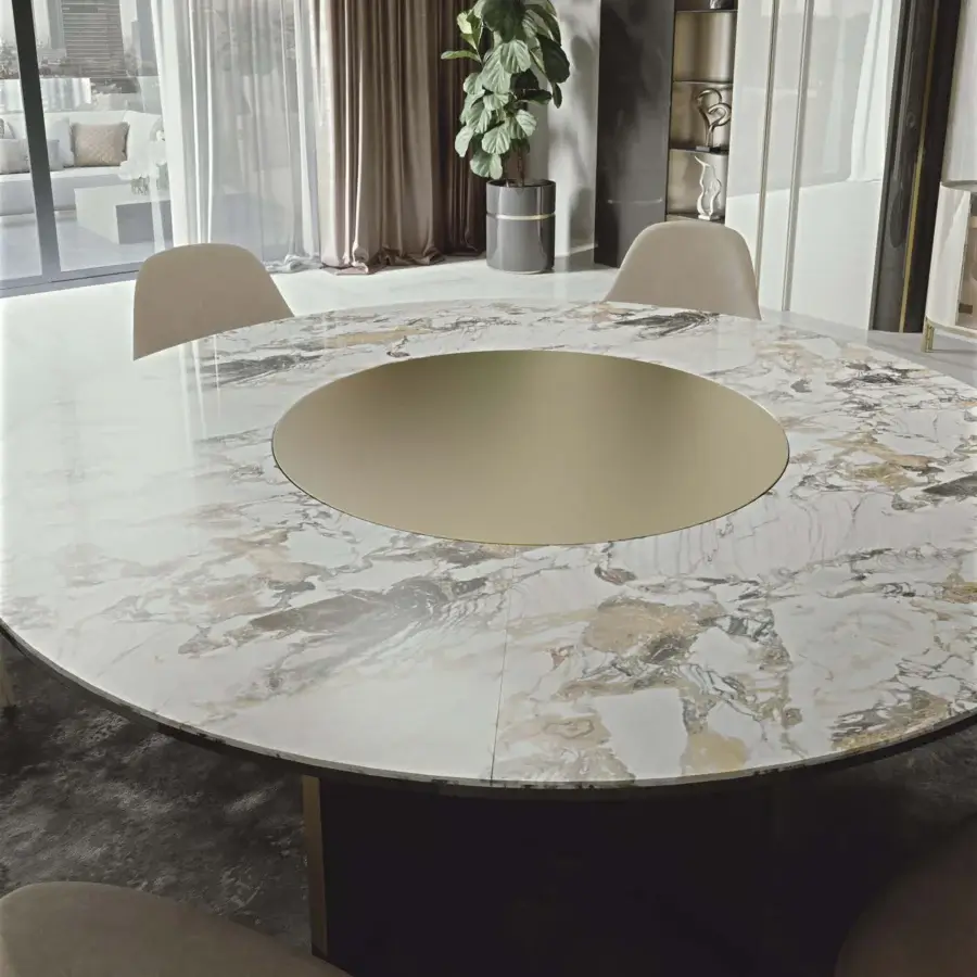 Superior Bizzotto Italia Ikat dining table with white marble top displaying grey and gold veining and a smooth gold-tone inset with a dark matte base