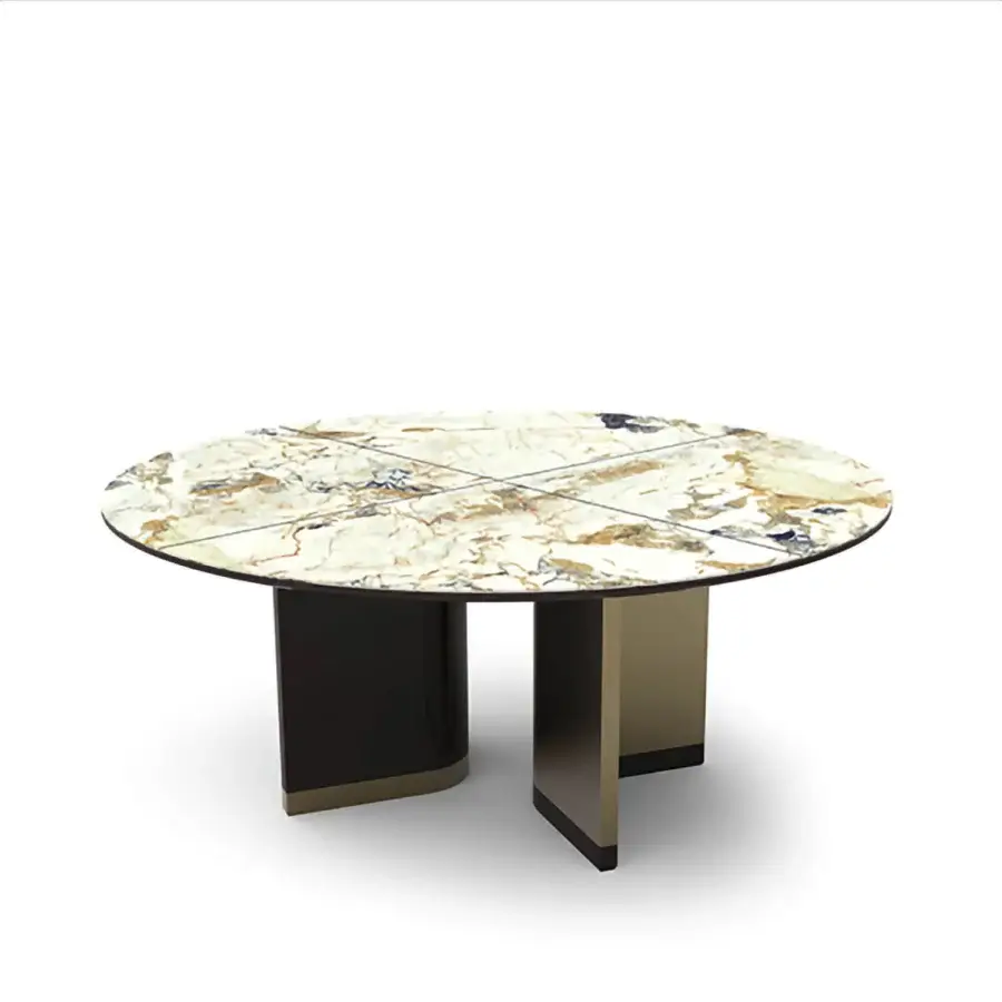 Elegant Bizzotto Italia Ikat dining table with beige, cream and brown marble-like patterned top and glossy dark brown with matte beige double-S base