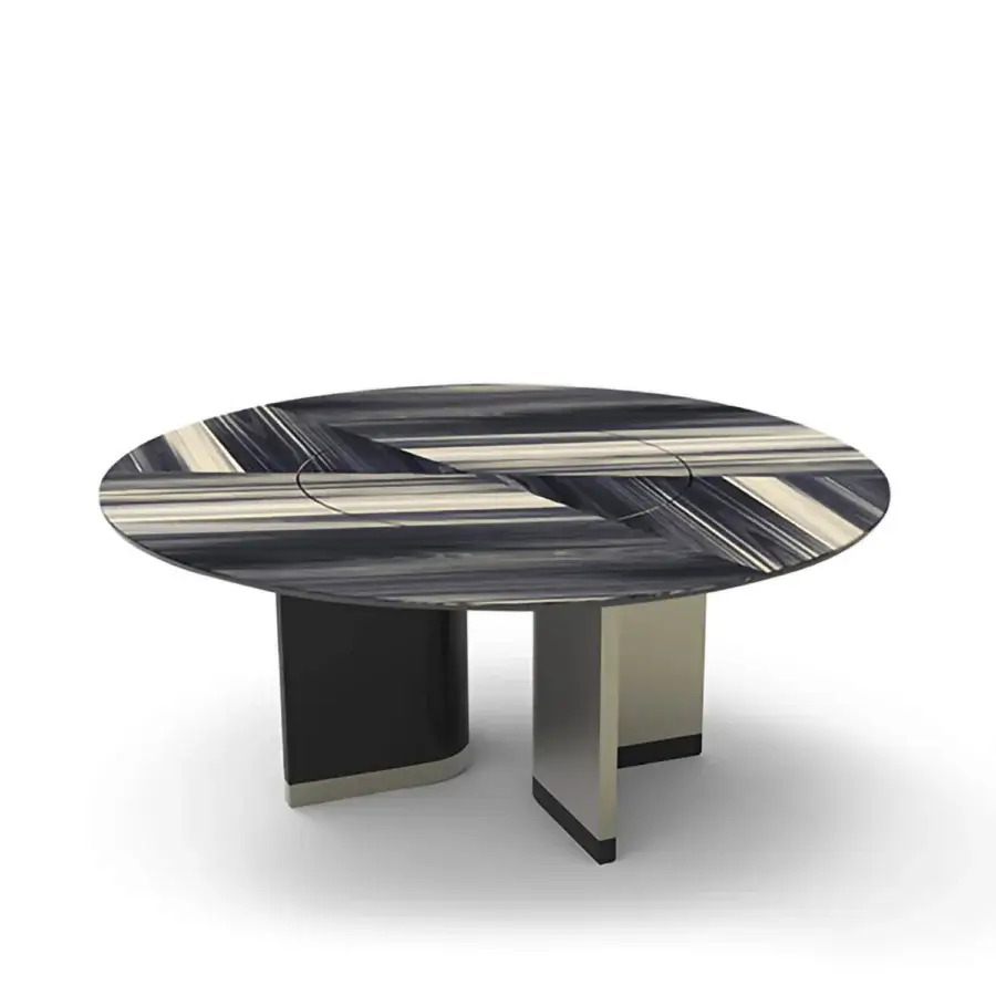 Distinguished Bizzotto Italia Ikat dining table with a striped top and monumental double-S black and light-colored base crafted in Italy