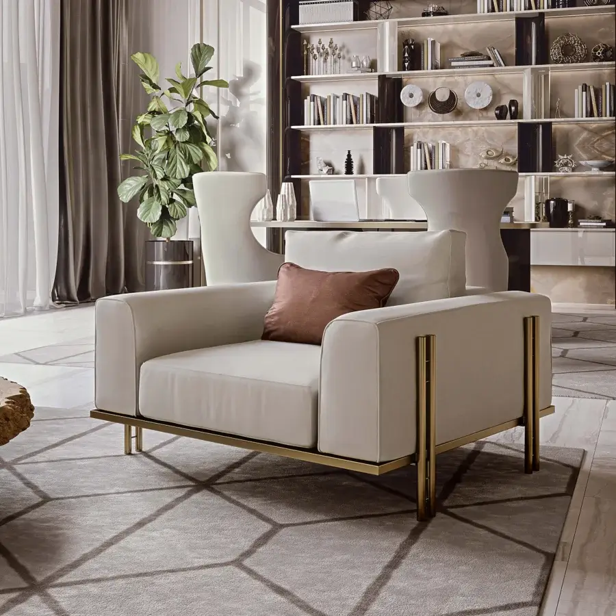 Exceptional Bizzotto Italia Ikat lounge chair in plush beige fabric with a lacquered metal frame