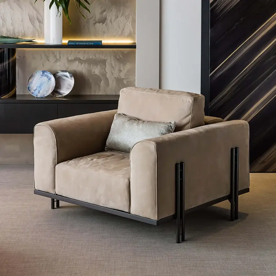 Superior Bizzotto Italia Ikat lounge chair with lacquered metal frame and plush light beige textile upholstery
