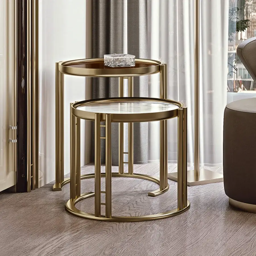 Distinguished Bizzotto Italia Ikat side table with dark and light tops crafted in lacquered gold-tone metal