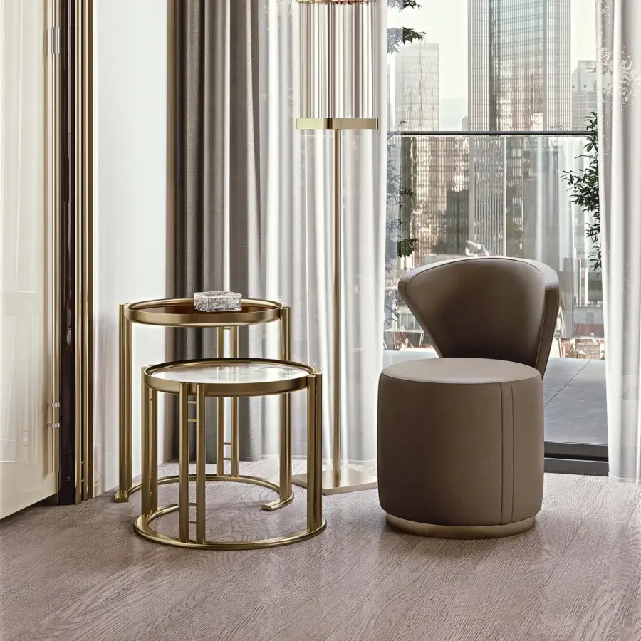 Elegant Bizzotto Italia Ikat side table with cylindrical silhouette and lustrous gold lacquered metal with sleek glass tabletop