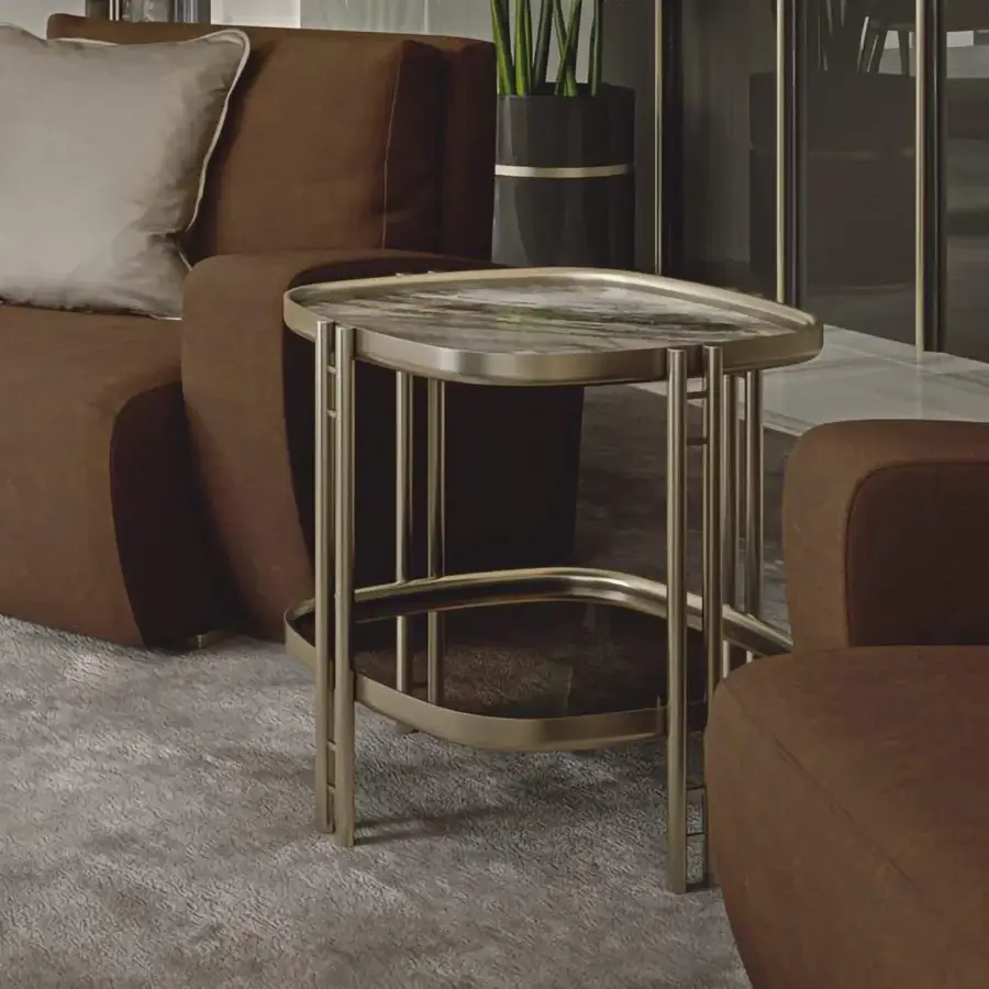 Superior Bizzotto Italia Ikat side table with faux marble in blended green, gray and white tones with lacquered gold finish