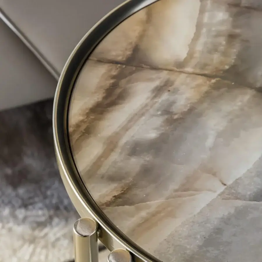 Distinguished Bizzotto Italia Ikat side table with swirling brown marble top and rich gold lacquered metal base