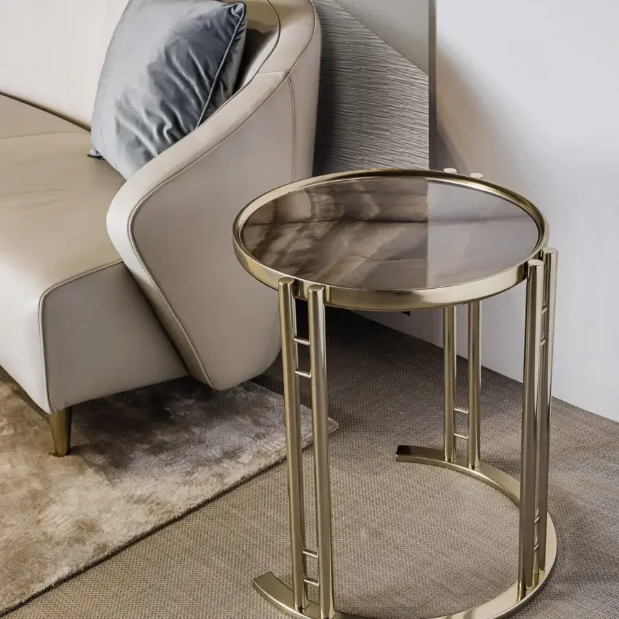 Lavish Bizzotto Italia Ikat side table with neutral brown marble glass top and golden lacquered metal frame