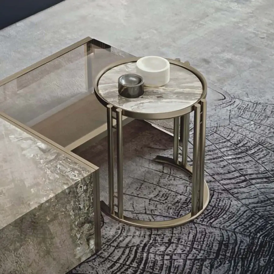Superior Bizzotto Italia Ikat side table with swirling grey and white marble top and lacquered gold metal cage structure
