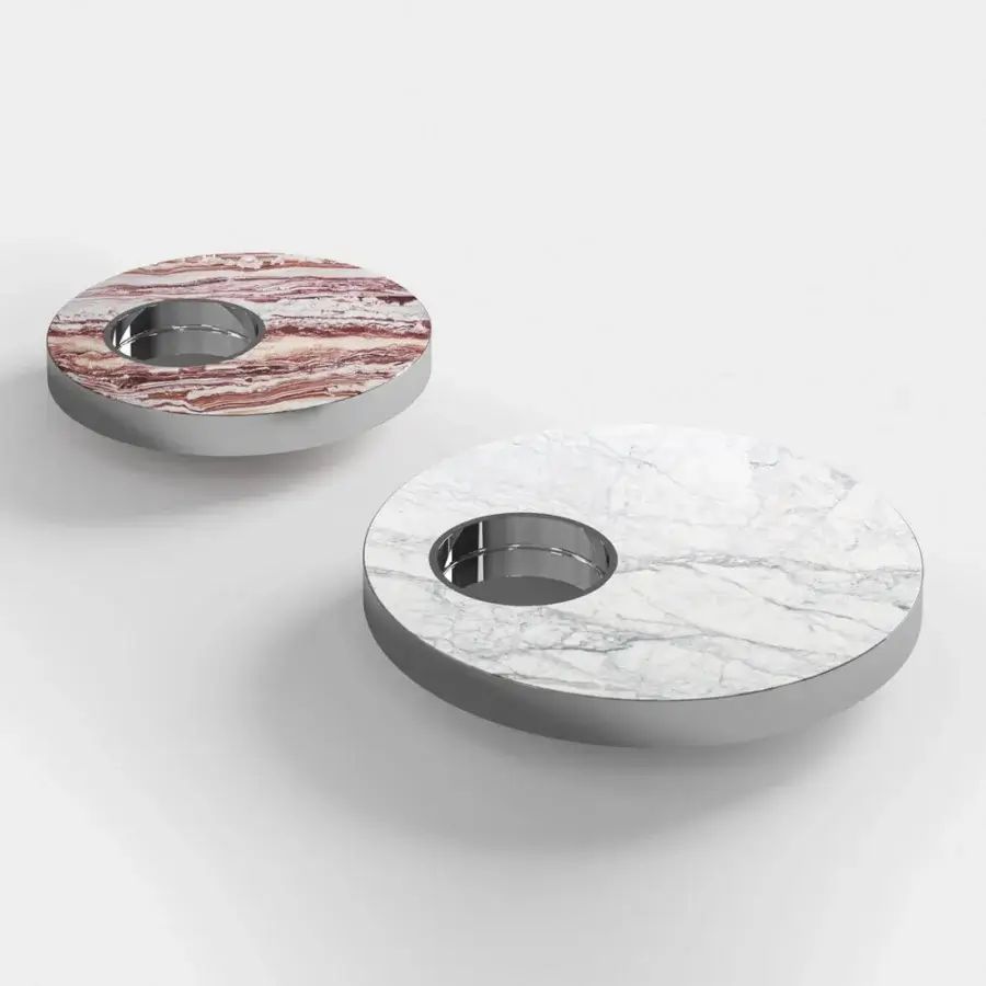 Captivating CPRN Homood Willy coffee table with circular white marble and gray veining in a shiny steel frame